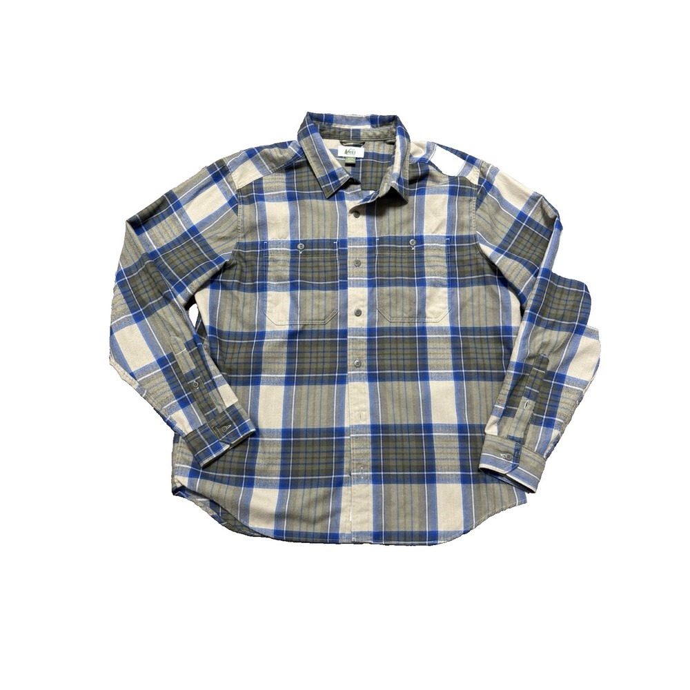 REI Co-Op Men's LS Button Shirt Sz L Green Blue Plaid/Wool Blend/Flannel/Outdoor